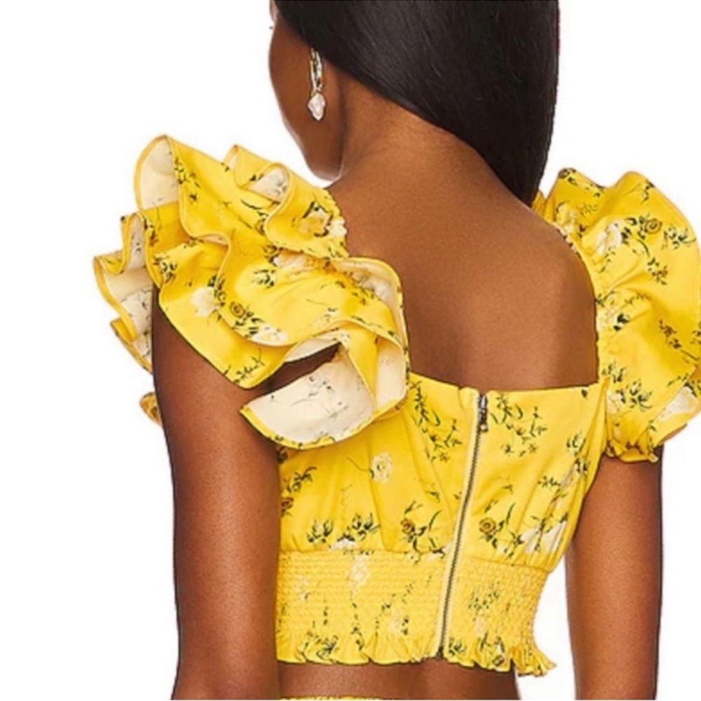 New Alice + Olivia Shanae Floral Ruffle Crop Top Womens Yellow - Picture 2 of 11